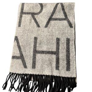 Isaac Mizrahi 100% Cashmere Logo Scarf – Gray & Black Unisex Fringe Wrap